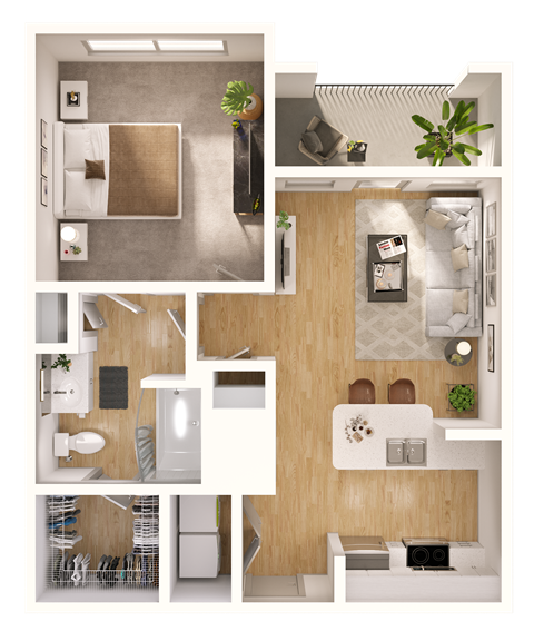Floor plan for 1 bed, 1 bath, 684 sqft